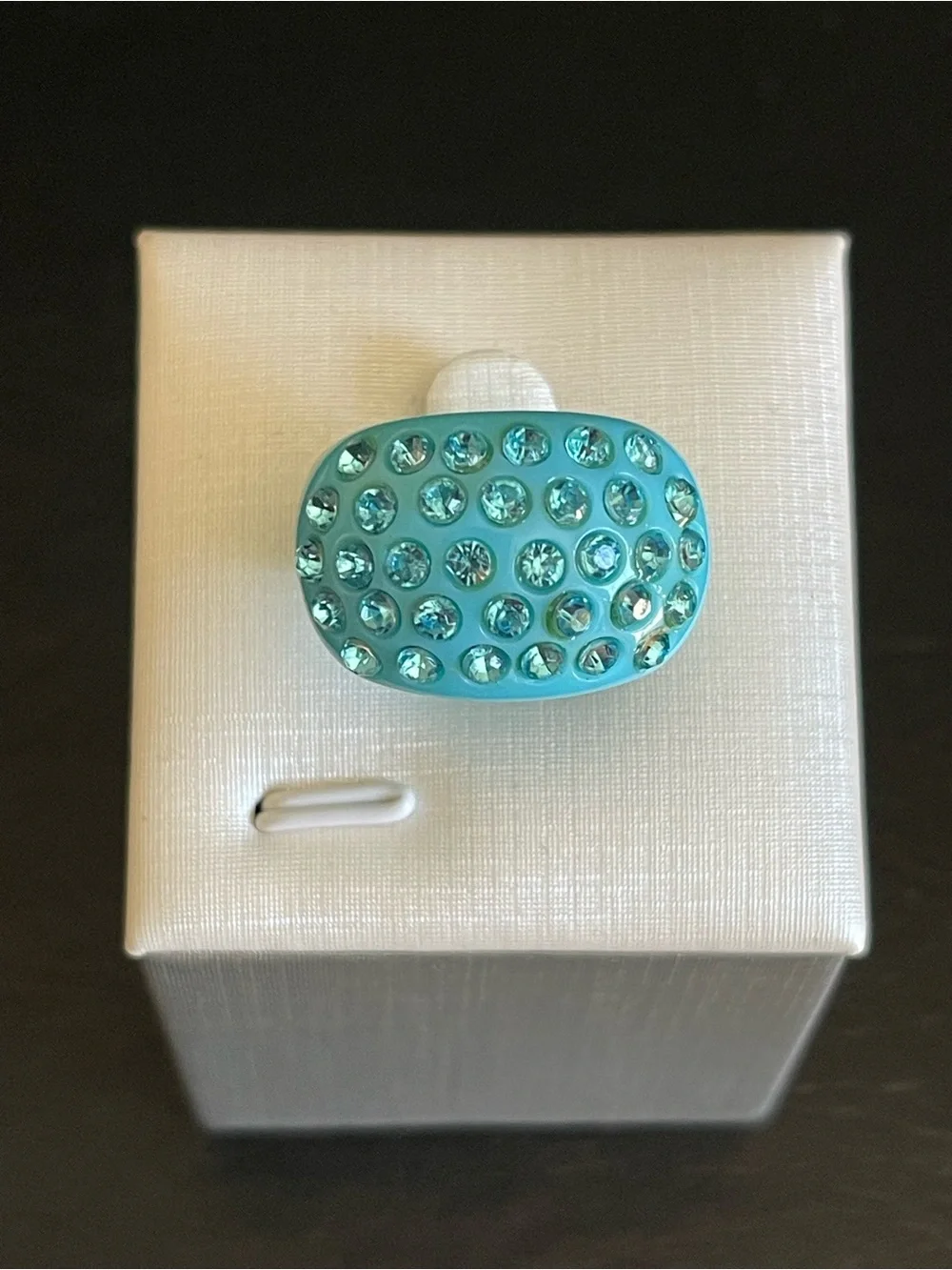 Vintage Aqua blue lucite rhinestone ring.